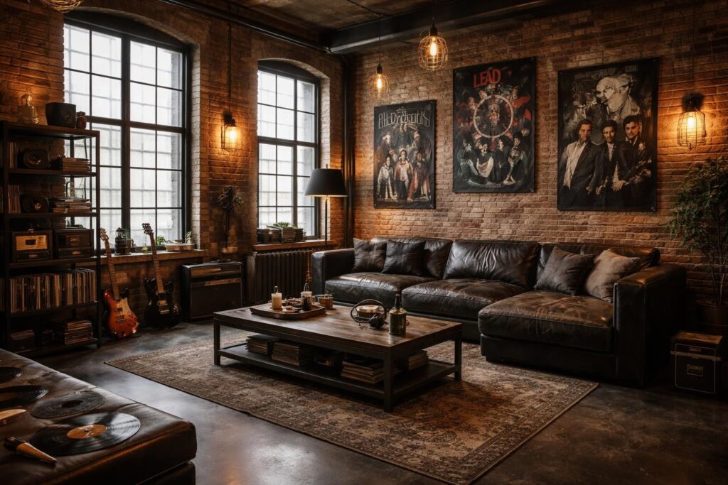 Déco rock industriel pour votre loft avec briques apparentes, métal noir et posters vintage