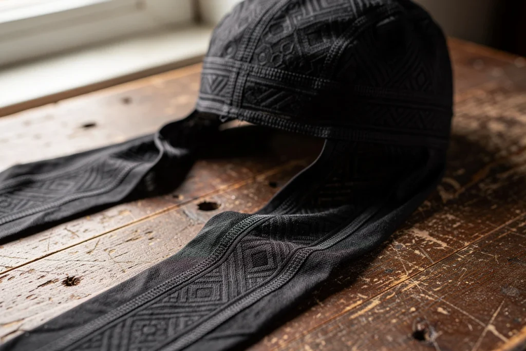 Un durag noir exceptionnel par ses motifs : entre tradition et modernité