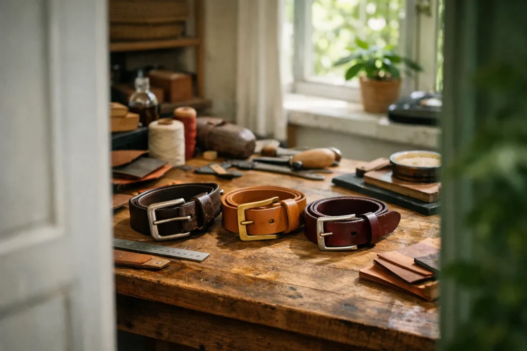 Ceinture en cuir : lire une boucle, une épaisseur, une finition
